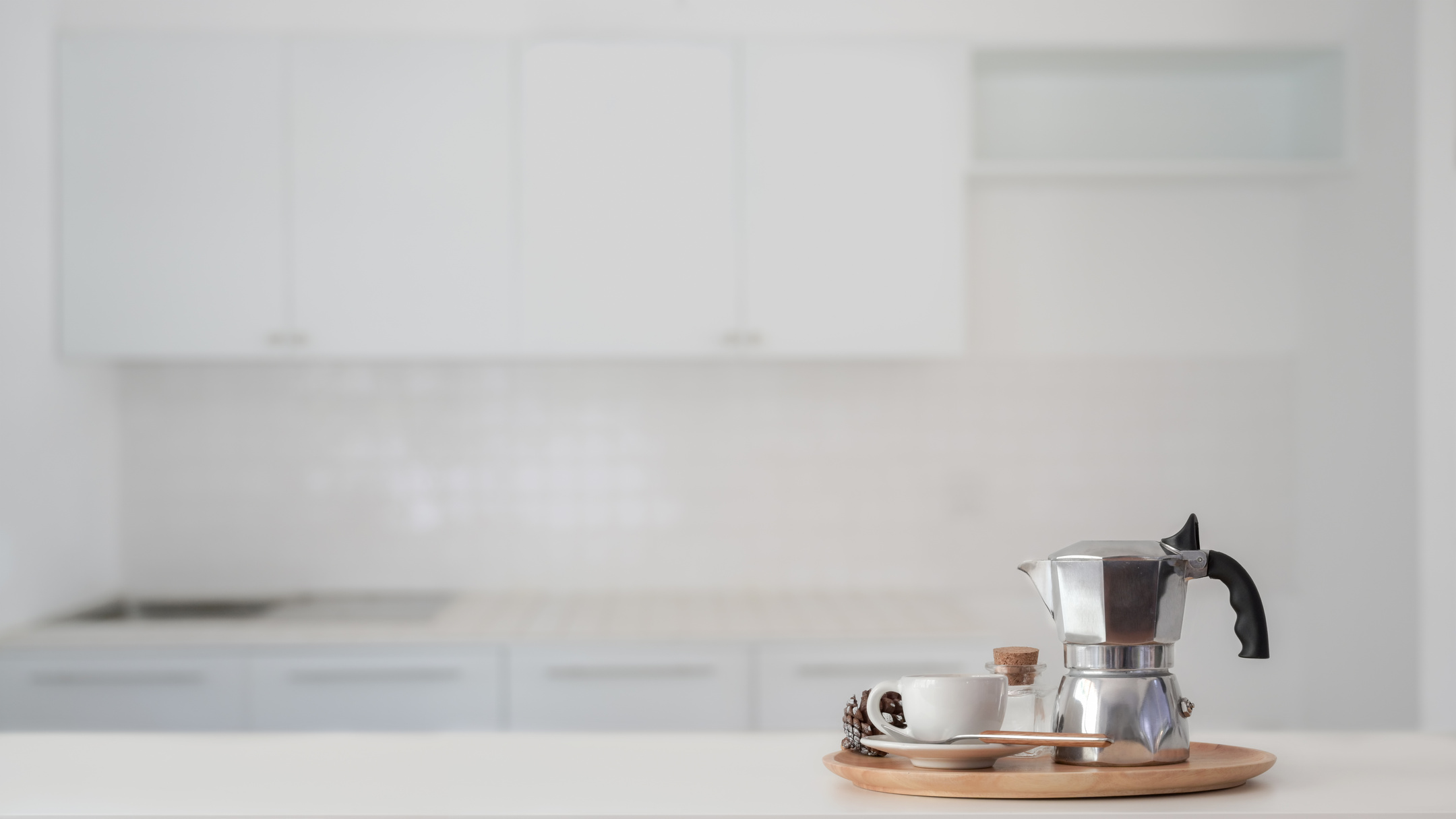 coffee Maker and Ceramic Mug in Wooden Tray